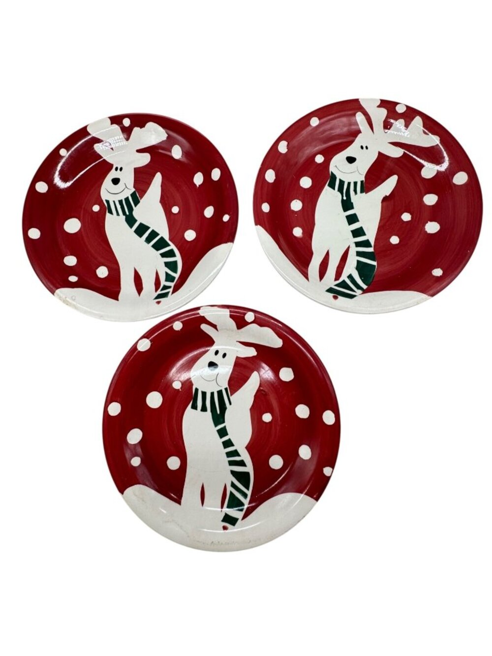 Christmas Set Of 3 Gibson Red & White Ceramic Reindeer Holiday Plates READ
